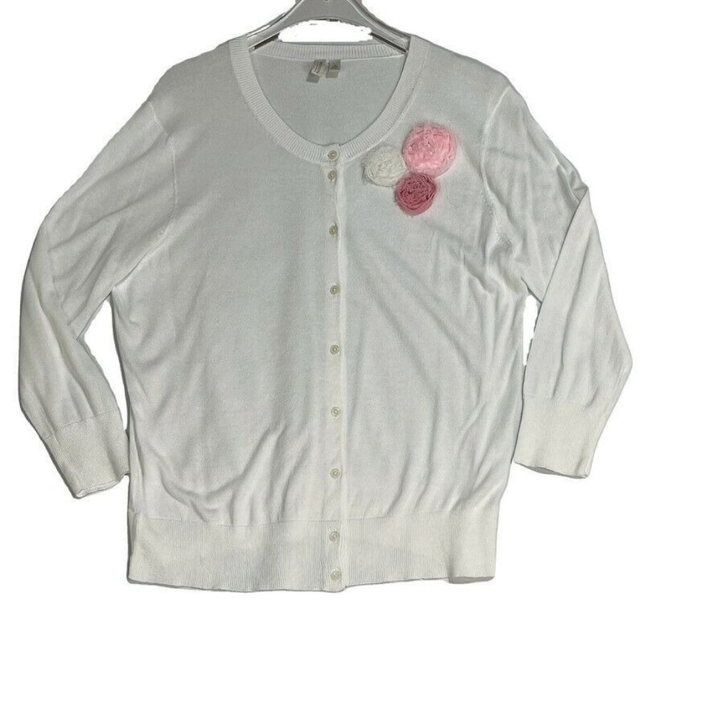 Madison Womens White Cardigan With Floral Appliqué Size L Cotton & Nylon